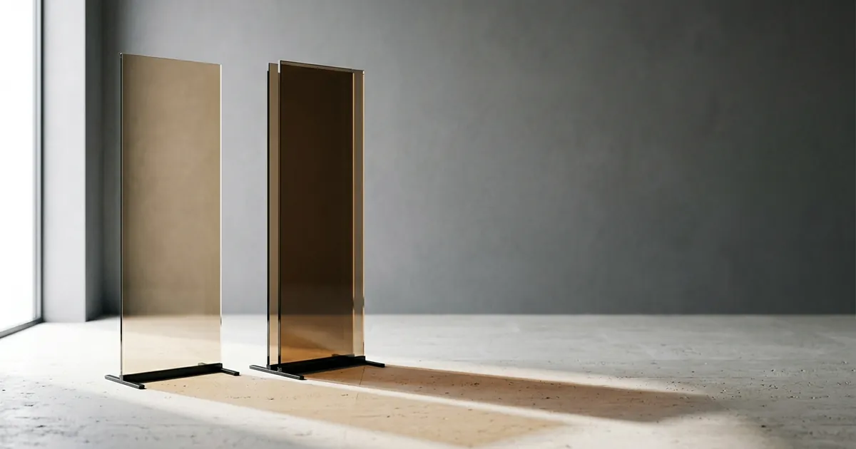 Two smoked amber glass pieces in a quiet room, a single pane beside a doubled one, the doubled piece casting a deeper amber shadow across a pale floor, suggesting the choice between one layer of tax and two
